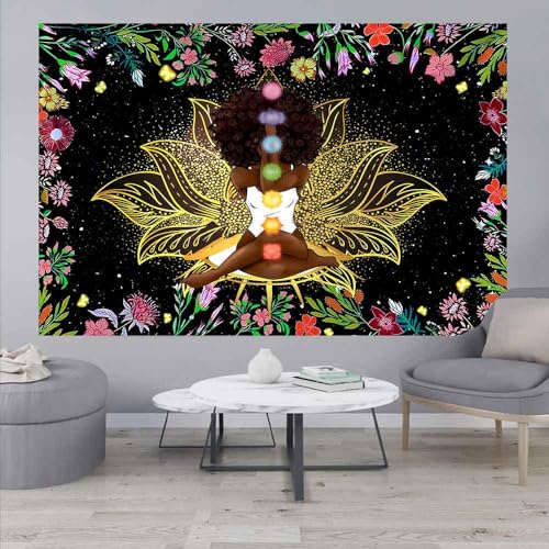 Ine Ive African Chakra Tapestry African American Woman Zen Meditation Tapestries 60x40 Inch Starry Sky Flower Garden Inspirational Afro Yoga Wall Art Poster for Bedroom Dorm Decor - size: 60"L x 40"W