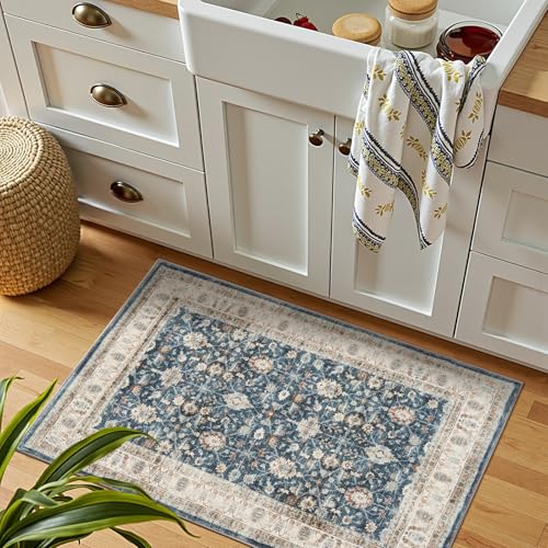 jinchan 2x3 Washable Vintage Floral Rug, Distressed Traditional Entryway Rug, Soft Low-Pile Non-Slip Accent Mat for Indoor Foyer, High-Traffic Kitchen Sink Laundry Room, Blue - color: Oriental Beige on Dark Blue, size: 2' x 3' (Rectangular)