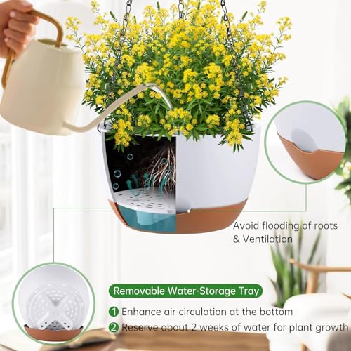 Set of 2 Hanging Planters for Indoor Outdoor Plants, 10 Inch Self-Watering Hanging Flower Pots with Drainage Hole & Removable Water-Storage Tray (Hooks) - color: White, size: 10 Inch (M)