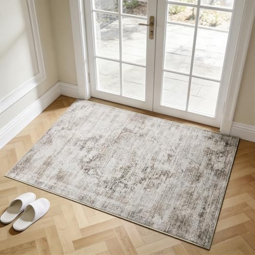2'x3' Rugs for Living Room Bedroom, Washable Area Rugs, Pet & Kid Friendly Low Pile Carpet, Non-Shedding Non-Slip TPE Backing, Vintage Distressed Print Floor Mat for Bedroom Dining Room, Brown - color: Brown, size: 2x3