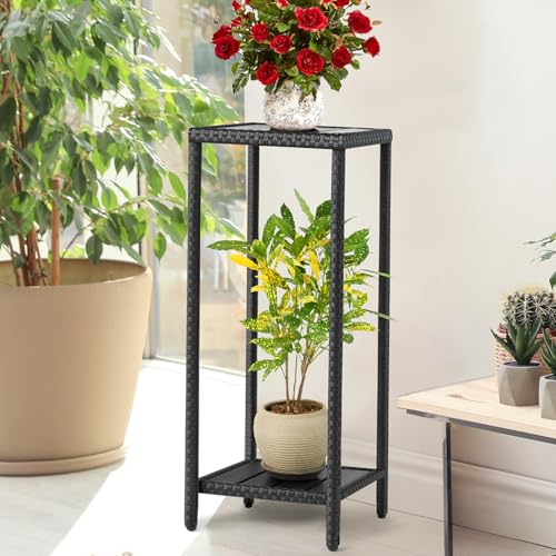 Outdoor Plant Stand 2 Tier Shelf for Patio Flower Pot Planter Stand Holder with Wicker Poly Lumber Shelves 31" Tall Corner Plant Display Rack with Adjustable Feet Heavy Duty for Balcony Porch Black