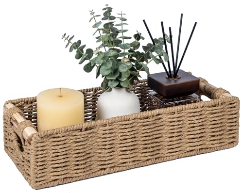 CubesLand Back of Toilet Storage Basket for Organizing w/Cut Out Handle, Handwoven Toilet Tank Top Paper Baskets, Wicker Decorative Basket for Countertop, Home Decor, Living Room, Nursery, Neutral - color: Neutral, size: M-14.17" (L) X 6.29" (W) X 3.54" (
