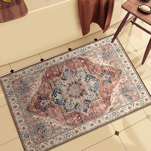 Boho Tribal Area Rug 2x3 Small Entranway Rug Bathroom Doormat Indoor Carpet Farmhouse RugFaux Wool Non-Slip Washable Low-Pile Floor Carpet for Indoor Front Entrance Kitchen Bathroom, Brickred - color: Brickred & Multi, size: 2' x 3' (Rectangular)