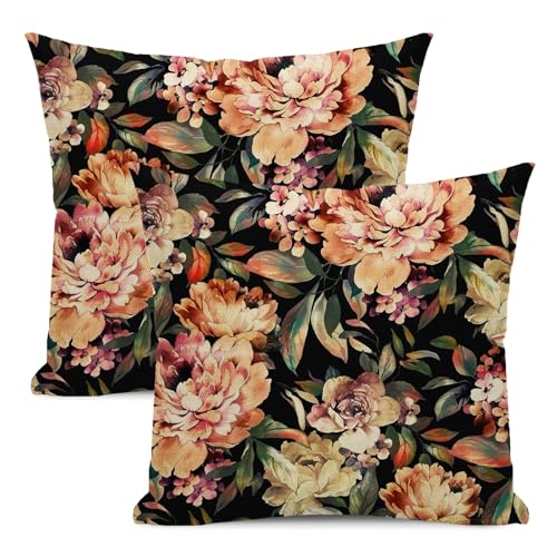Spring Floral Pillow Covers 18x18 Set of 2 Vintage Black Orange Flower Throw Pillow Covers Decoration Summer Flower Pillowcase Farmhouse Decorative Cushion Cover for Home Sofa Outdoor Decor - color: Black Orange Floral-2, size: 18" x 18" (Pack of 2)