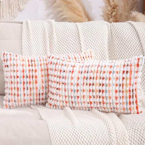 LUOYEHK Boho Throw Pillow Covers 12x20 Inch Set of 2 Chenille Tufted Pillowcase Farmhouse Neutral Cushion Covers for Couch Sofa Bed Living Room, Orange Red - color: Orange Red, size: 20" x 12" (Pack of 2)