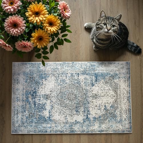 jinchan Area Rug 2x3 Washable Door Mat Vintage Distressed Rug Doormat Indoor Entrance Thin Traditional Floral Lightweight Non Slip Carpet for Kitchen Bedroom Living Room Blue - color: Vintage Blue, size: 2' x 3' (Rectangular)
