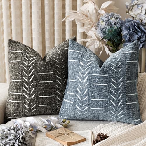 Home Décor Decorative Boho Accent Chenille Throw Pillow Covers,Textured Neutral Cushion Covers,Soft Farmhouse Pillowcase for Couch Sofa Chair Bed Living Room, 18×18 Inch, Set of 2, Dusty Blue - color: Dusty Blue, size: 18" x 18" (Pack of 2)