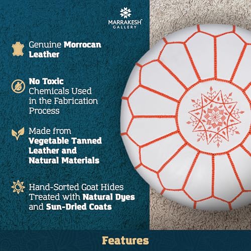 Marrakesh Gallery Genuine Leather Round Pouf Unstuffed - Moroccan Ottoman Footstool, Footrest Cover - Boho Decor - Bohemian Living Room, Bedroom, Kids Room, Gift & Wedding - color: White By Orange