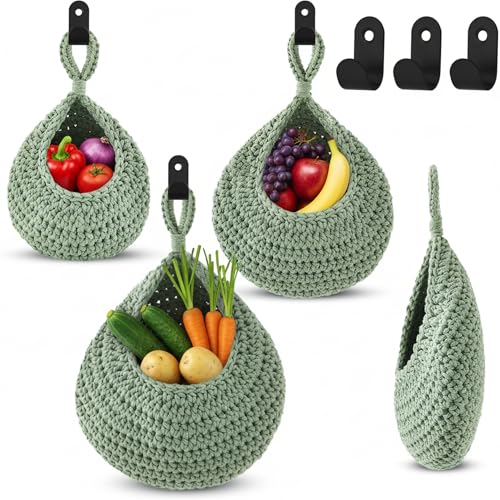 Honeydak Boho Decor Hanging Wall Baskets for Kitchen 3 Pack Teardrop Baskets with Hooks Storage Fruit Onion Vegetable Potato for Home 3 Sizes - color: Sage Green, size: Cotton Rope, style: Teardrop
