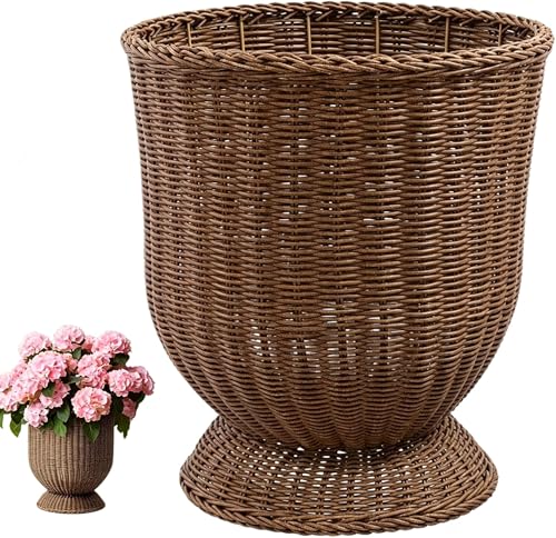 12 Inch Handwoven Boho Wicker Basket, Woven Decorative Storage Basket & Planter for Porch Patio Backyard – Urn Goblet Woven Planter, Wicker Flower Pot, Indoor Outdoor Flower Vase for Home Garden Decor