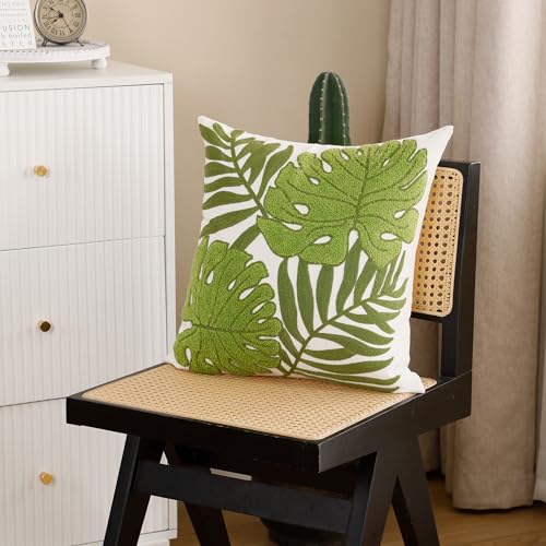 Embroidered Throw Pillow Covers 18x18 Pack of 2 Green Botanical Tropical Leaf Pillow Covers Beach Ocean-Themed Decorative Cushions Case Farmhouse Boho Plant Tufted Pillowcases for Summer - color: Green Tropical Leaf, size: 18" x 18" (Pack of 2)