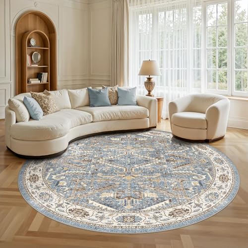 8x8 Round Area Rugs for Living Room-Washable Soft Large Vintage Rug Non-Slip Stain Resistant Traditional Stain Resistant Indoor Floor Low Pile Carpet for Bedroom Dining Room or Home Office- Blue - color: Blue, size: 8' x 8'