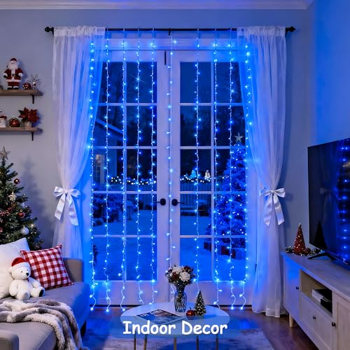 JMEXSUSS 300LED Blue Curtain Lights, Christmas Lights with Remote, Hanging String Lights for Bedroom Wall Window Backdrop Garden Indoor Outdoor Patio Yard Decorations, 9.8x9.8ft - color: Blue, size: 300 LED