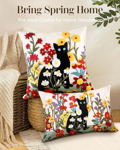 Embroidered Lumbar Pillow Cover - 20x12 Decorative Pillow Cover with Zipper Aesthetic Cute Design Boho Spring Summer Throw Pillowcase for Living Room Couch Sofa Bed, Flower Cats - color: Flower Cats, size: 20" x 12" (Pack of 1)