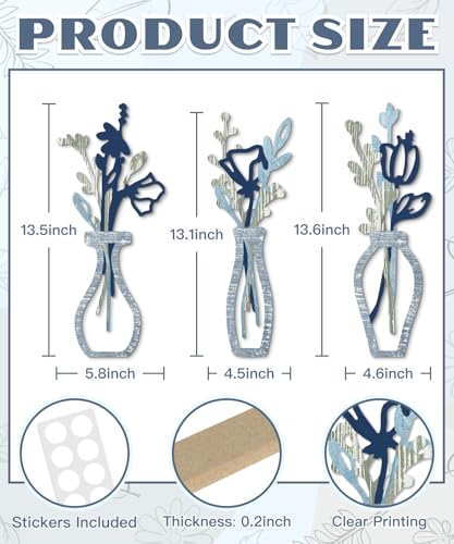 Putuo Decor 3 Pieces Wood Flowers Wall Decor Rustic Farmhouse Decor Blue Minimalist Flower Wall Art Modern Floral Vase for Living Room Bathroom Bedroom Dining Room - color: Light Blue