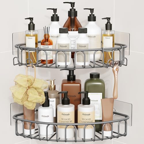 Orimade Corner Shower Caddy with 2 Hooks Wall Mounted Metal Bathroom Shelf Storage Organizer Adhesive No Drilling 2 Pack, Grey Only for 90-Degree Corner - color: Grey