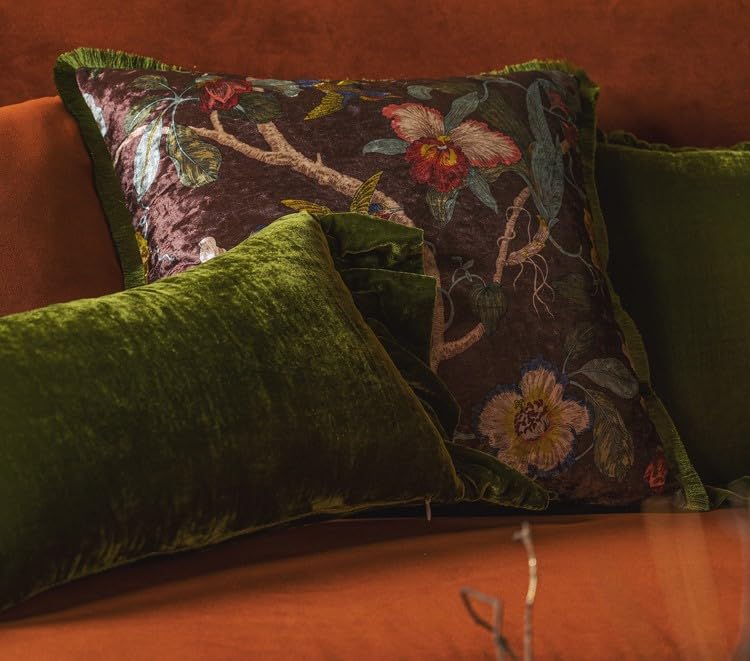 GUMAS Original Luxurious Floral and Bird Print Velvet Throw Pillow, Cushion Cover with Vintage Chinese Style Design (1, Brown Cover) - color: Brown Cover