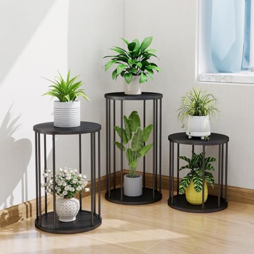Plant Stand Indoor,small plant stool,Flower Pot Corner stand holder,Mid Century Heavy Duty Metal Tall Home Decor,Modern Round End Table,Small Rustic Display Stand for Living Room,Bedroom(Black,3 Packs) - color: all size black set 3