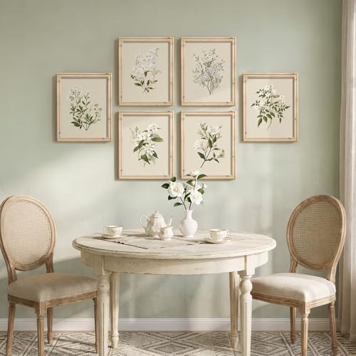 Framed Vintage Botanical Floral Wall Art Set of 6, Neutral Rustic Green Flower Canvas Prints, Cottagecore Farmhouse Minimalist Gallery Pictures for Bedroom Living Room Dining Room Wall Decor, 11x14 In - color: Neutral Beige, size: 11" W x 14" H x 6Pcs
