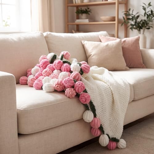 Tenn Well Crochet Bouquet Blanket, Gifts for Mom Daughter Grandkids Her Wife Girlfriend, Soft Knitted Throw Blankets,Housewarming Gifts for Birthday Anniversary (Pink and White Roses)
