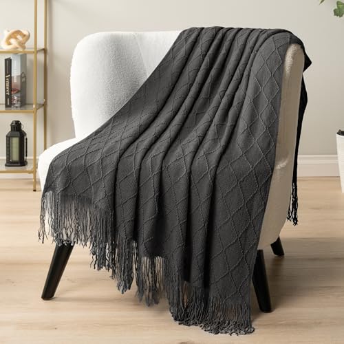 PAVILIA Dark Gray Knit Throw Blanket for Couch Bed, Soft Knitted Farmhouse Sofa Throw for Living Room, Lightweight Decorative Summer Throw Blanket for Chair, Outdoor Textured Boho Blanket, 50x60 - color: Charcoal Gray, size: 50 X 60 Inches - Throw