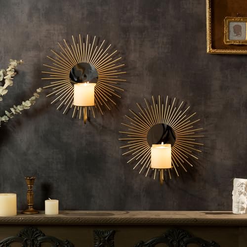 AIM & GGKK Wall Candle Sconce Holder,Set of 2 Mirror Wall Mounted Metal Candle Holder for Home,Living Room, Dining Room,Rustic Farmhouse Boho Decorations - color: Gold Sun