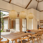 Arturesthome 15.7" Bamboo Pendant Lights, Round Wicker Chandelier, Hand-Woven Boho Basket Lampshade Hanging Ceiling Light for Kitchen Island Living Room - size: 15.7″W x 14″H