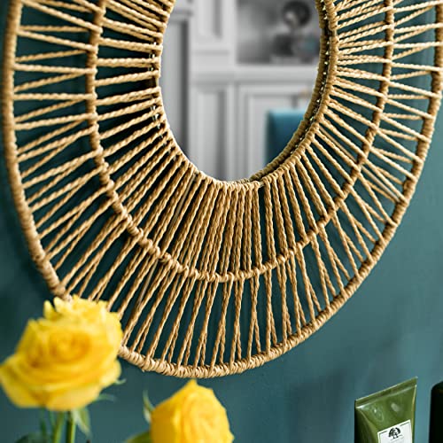 Vintiquewise Decorative Woven Paper Rope Round Shape Bamboo Wood Modern Hanging Wall Mirror - size: 2"L x 19"W