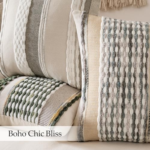 ANRODUO Pack of 2 Boho Decorative Throw Pillow Covers 26x26 Farmhouse Cushion Case Striped Chenille Pillow Cases Square Pillow Covers Accent Neutral Pillowcase for Sofa Couch Bed, Gray Blue Stripe - color: Gray Blue Stripe, size: 26" x 26" (Pack of 2)