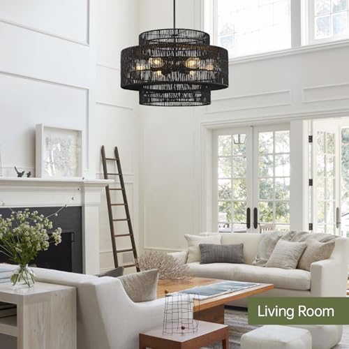 24” Black Boho Large Rattan Chandelier Light Fixture,6-Light Large Hand Woven Pendant Light Fixture Farmhouse Rustic Chandeliers for Kitchen Bedroom, Dining Room, Living Room, Hallway, Foyer - color: Black, size: 24" 6-Light