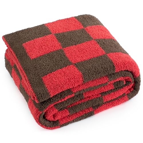 Carriediosa Checkered Throw Blanket 50" X 60", 400GSM Ultra Soft Microfiber Fuzzy Fluffy Reversible Cute Preppy Knitted Blankets Cozy Plush Fall Throws for Couch, Bed, Sofa, Red and Brown - color: Check - Red and Brown, size: 50" X 60"