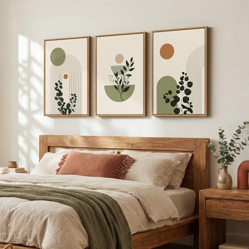 3 Piece Framed Abstract Boho Wall Art for Living Room, Large Sage Green Botanical Plant Canvas Artwork for Walls, Minimalist Geometric Prints Paintings for Bedroom Dining Room Hallway 16x24 Inch - color: Green Orange, size: 24" H x 16" W x 3Pcs