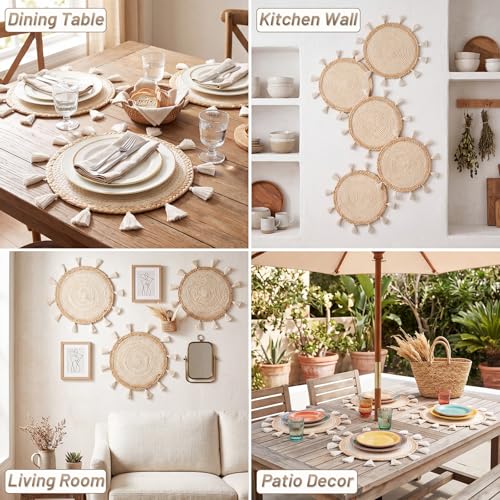 12 Pcs Round Boho Placemats 12 Inch Woven Wicker Placemat Boho Wall Basket Decor Macrame Table Mats Farmhouse Style Wall Hanging Decor for Dining Table Settings Kitchen Wedding Summer Decors