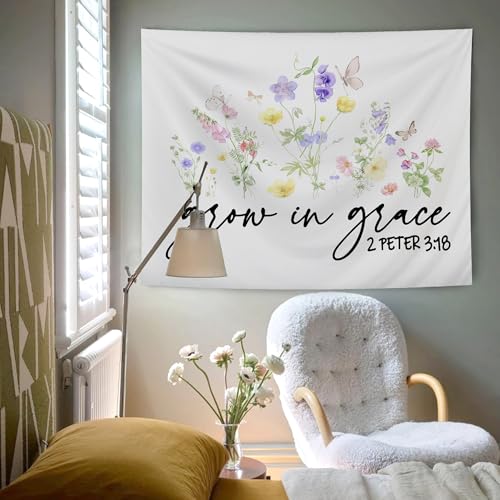 AQYIP Floral Christian Tapestry, Grow in Grace Butterfly Wildflowers Floral Tapestry, Bible Verse Wall Blanket Decor for Home Living Room Bedroom, 50x60 Inch - color: 2 - grow in grace