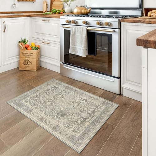 KUTA Vintage 2x3 Rugs for Entryway, Non-Slip Washable Kitchen Area Rug & Indoor Door Mat with Floral Print, Beige Ultra Thin Soft Low-Pile Throw Rug for Front Door, Bedside, Small Spaces - color: Beige, size: 2' x 3' (Rectangular)