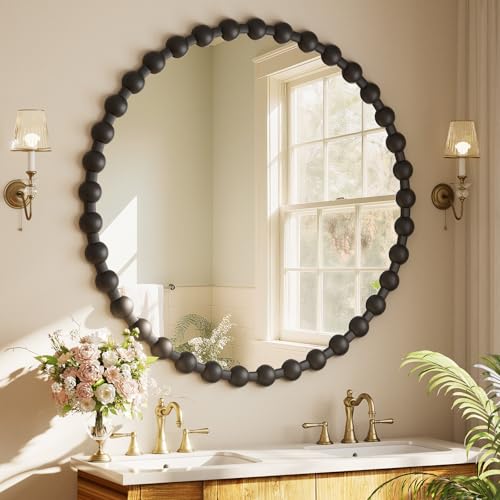 Easly Round Mirror for Wall, 36 Inch Black Beaded Frame Decorative Vanity Mirror, Circle Bathroom Mirror with High-Definition Lense, Modern Wall Decor for Bathroom, Living Room, Bedroom, Entryway - color: Black, size: 36"L x 36"W