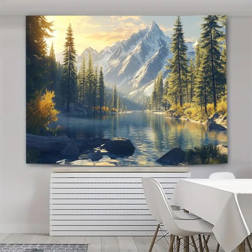 FENDROM Tranquility Lake Snow Mountain Scenery Tapestry Wall Hanging, Nature Forest Plant Trees Pictures Art Wall Tapestries Blanket for Bedroom Living Room Dorm Decor - color: Yellow, size: 59"L x 39"W