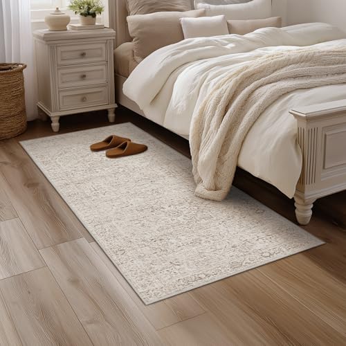 FMFUNCTEX 2x12 Runner Rug Beige Washable Vintage Neutral Oriental Distressed Non Slip Low Pile Indoor Carpet Retro Hallway Entryway Rug for Kitchen Living Room Bedroom Bathroom Laundry Entry Bedside - color: Beige, size: 2' x 12' (Rectangular)