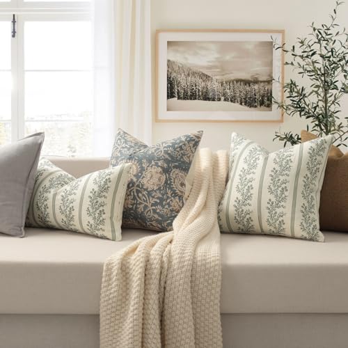 Vintage Throw Pillow Covers 24x24 Set of 2, Striped Floral Pillow Cover Botanical Patterned Decorative Cushion Covers Modern Farmhouse Home Decor for Sofa Couch Bed Living Room, Moss Green - color: Moss Green, size: 24" x 24" (Pack of 2)