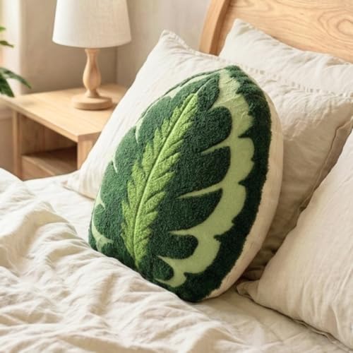 Green Philosophy Co. Calathea Leaf Pillow – Handcrafted Tufted 3D Plant Throw Pillow, Deep Green Decorative Leaf Pillow for Couch & Bed, Unique Gift for Plant Lovers - color: Dark Green