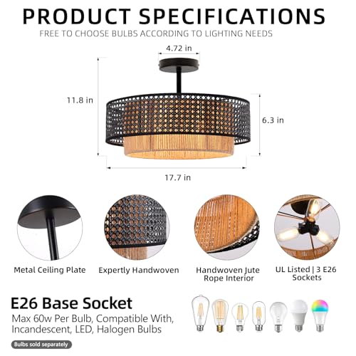 17.7" Black Bohemian Wicker Flush Mount Ceiling Light, Hand-Woven Double Layer Drum Semi-Flush Fixture for Bedroom, Living Room, Dining Room, Hallway & Kitchen - color: 17.7'' Rattan&Hemp rope Black