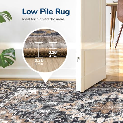 Lessymo 2 x 3 Entryway Rug, Machine Washable Area Rugs Boho Faux Wool Low Pile Area Rug for Bedroom, Floral Medallion Vintage Outdoor Rugs with Non-Slip Rubber,Black Brown - color: Black Brown, size: 2' x 3' (Rectangular)