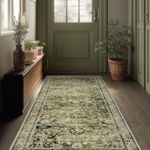 Boho Washable Runner Rug for Kitchen,Non Slip Rubber Backing Non Skid Oriental Floral Vintage Long Carpet Runners for Hallway Entryway Indoor Doormat Bedroom,2x6 6ft,Moss Olive Green Beige - color: Olive&tan, size: 2' x 6' (Rectangular)
