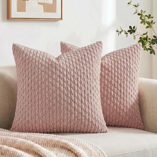 Fancy Homi 2 Packs Blush Pink Decorative Throw Pillow Covers 18x18 Inch for Couch Bed Sofa, Modern Farmhouse Boho Home Decor, Soft Cute Plush Corduroy Cushion Case 45x45 cm - color: Dusty Pink, size: 18" x 18" (Pack of 2)