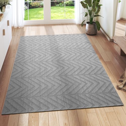 3x5 Area Rug, Washable Non Slip Entryway Rug for Front Door, Low Profile Living Room Mat, Easy Clean Woven Carpet for Bedroom Dining Room, Neutral Grey - color: Grey-c, size: 3' x 5'