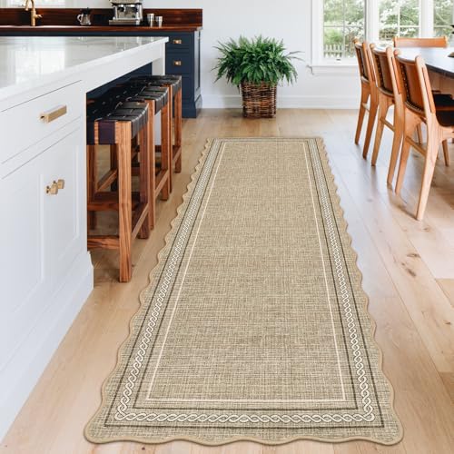GarveeHome Scalloped Washable Runner Rug 2x6 Hallway Runner Non Slip Kitchen Rugs Soft Non Shedding Low Pile Entryway Rug Stain Resistant Carpet for Bath Laundry Room, Jute - color: Jute Color, size: 2' x 6' (Runner)