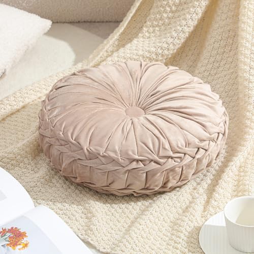 Drydiet 1 Pcs Round Throw Velvet Pillows Decorative Pleated Throw Pillows Diameter Accent Pumpkin Boho Chair Cushion for Couch Sofa Home Decoration (Greige,15'') - color: Greige, size: 15''