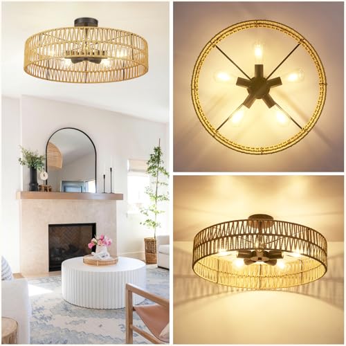 Hamilyeah 24 inch Rattan Boho Flush Mount Ceiling Light Fixture with 5 Light,Woven Light Fixtures Ceiling Mount for Living Room, Bedroom, Kitchen - color: 24INCH Black Semi Ceiling Light