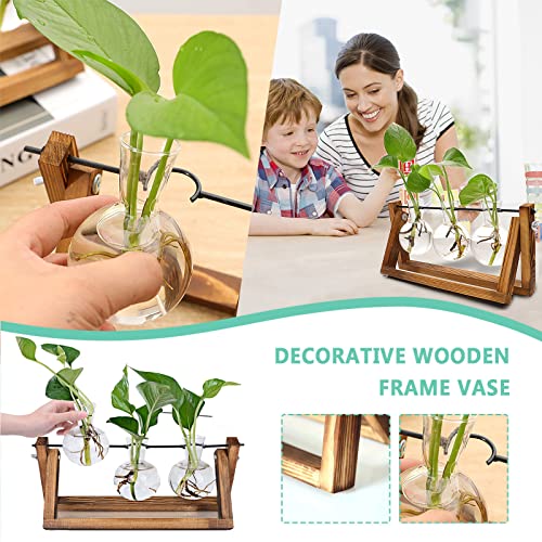 Kingbuy Desktop Glass Planter Iron and Wooden Stand Plant Terrariums for Indoor Office Desk Decor Accessories, 3 Bulb Vases, Brown - size: 3 Bulb Vase (C-type)