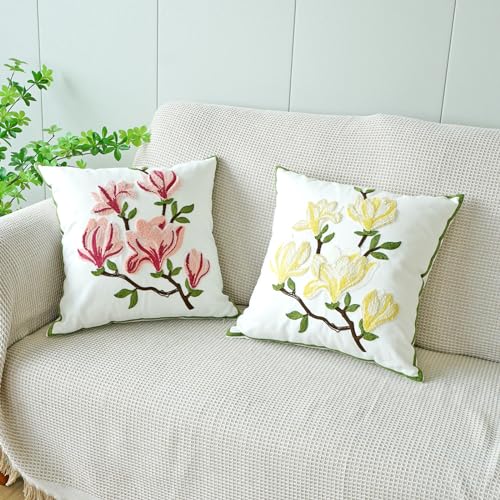 vctops Farmhouse Magnolia Flower Cotton Tufted Throw Pillow Cover Spring Floral Embroidery Pillowcase Soft Square Cushion Case for Sofa Couch Bed Chair (Yellow E,18"x18") - color: Yellow E